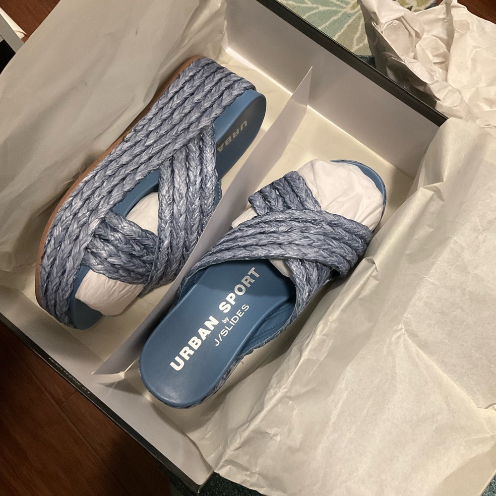 J/SLIDES Quincy Denim Blue Raffia Wedge Sandals